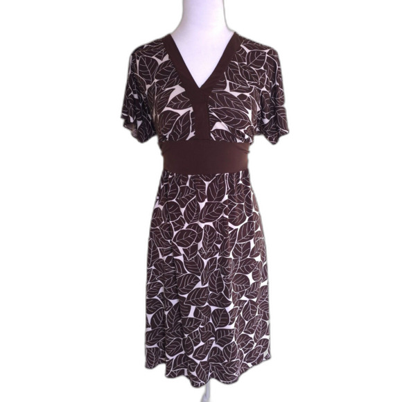 VTG Wrapper Brown Leaf Tie Back Midi Dress Cottagecore Boho Y2K Soft Girl Earthy - Picture 1 of 7